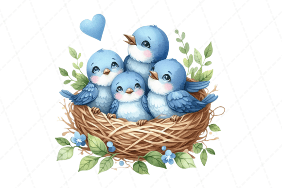 Download Watercolor Four Blue Birds in a Nest - Birds Collection