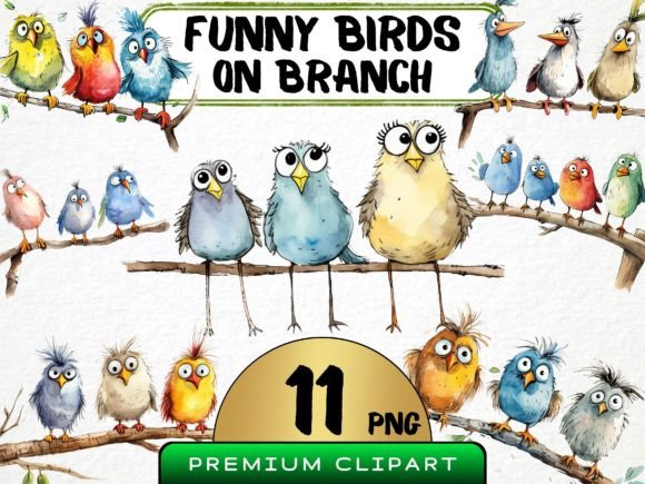 Download Funny Birds on Branch Clipart Bundle PNG - Birds Collection